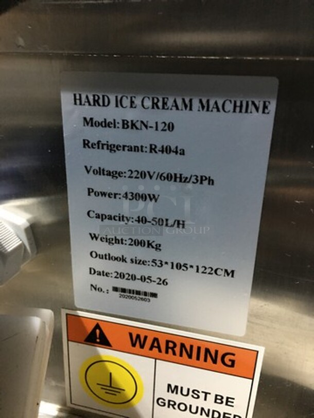 BEAUTIFUL! LIKE NEW! LATE MODEL 2020 All Stainless Steel Commercial Hard Ice Cream Machine/Batch Freezer! Model BKN120 Serial 2020052603! 220V 3Phase! On Casters! Working When Removed! - Image 9 of 10