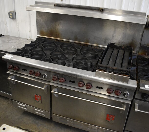 GORGEOUS! Wolf Stainless Steel Commercial Gas Powered 10 Burner Range w/ Additional Grill Piece, 2 Ovens and Overshelf. 56x33x59 - Image 2 of 8