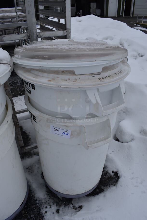 2 White Poly Trash Cans w/ 2 Lids on Trash Can Dolly. 24x24x28. 2 Times Your Bid! - Image 1 of 2