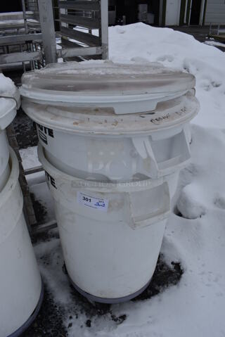 2 White Poly Trash Cans w/ 2 Lids on Trash Can Dolly. 24x24x28. 2 Times Your Bid!