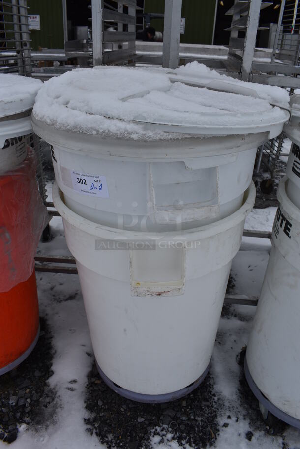 2 White Poly Trash Cans w/ 2 Lids on Trash Can Dolly. 24x24x28. 2 Times Your Bid!