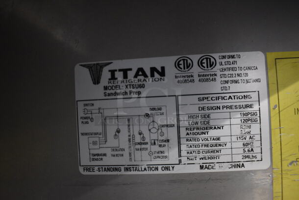 NICE! Titan Model XTSU60 Stainless Steel Commercial Sandwich Salad Prep Table Bain Marie Mega Top on Commercial Casters. 115 Volts, 1 Phase. 62x30x45. Tested and Powers On But Does Not Get Cold - Image 9 of 10