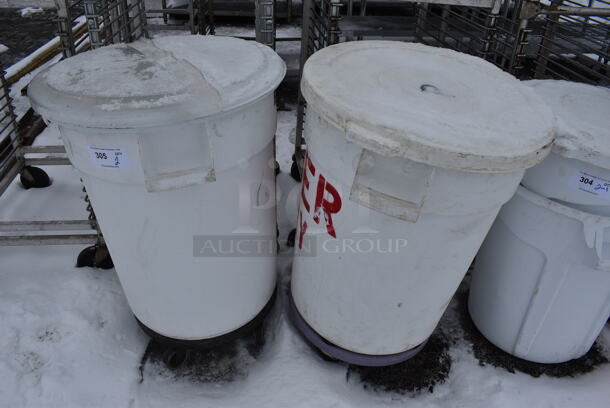 2 Rubbermaid Brute White Poly Trash Cans w/ 2 Lids on 2 Trash Can Dollies. 24x24x28. 2 Times Your Bid!