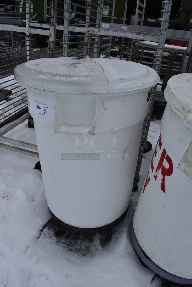 2 Rubbermaid Brute White Poly Trash Cans w/ 2 Lids on 2 Trash Can Dollies. 24x24x28. 2 Times Your Bid! - Image 3 of 8