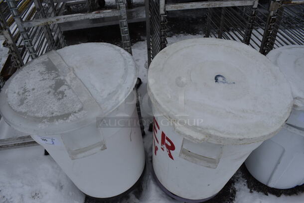 2 Rubbermaid Brute White Poly Trash Cans w/ 2 Lids on 2 Trash Can Dollies. 24x24x28. 2 Times Your Bid! - Image 4 of 8