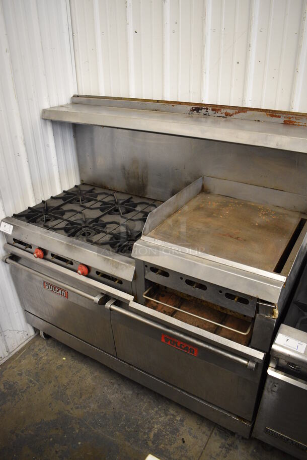 FANTASTIC! Vulcan Stainless Steel Commercial Gas Powered 6 Burner Range w/ Right Side Flat Top Griddle, 2 Ovens and Overshelf on Commercial Casters. 60x30x61 - Image 1 of 7
