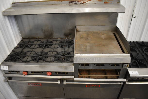 FANTASTIC! Vulcan Stainless Steel Commercial Gas Powered 6 Burner Range w/ Right Side Flat Top Griddle, 2 Ovens and Overshelf on Commercial Casters. 60x30x61 - Image 2 of 7