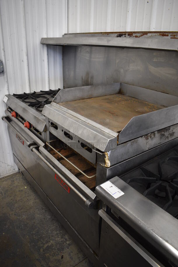 FANTASTIC! Vulcan Stainless Steel Commercial Gas Powered 6 Burner Range w/ Right Side Flat Top Griddle, 2 Ovens and Overshelf on Commercial Casters. 60x30x61 - Image 7 of 7