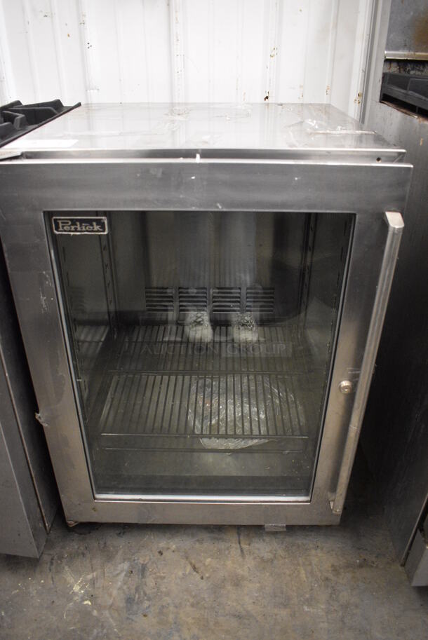 NICE! Perlick Model HC24RS Stainless Steel Commercial Mini Cooler Merchandiser. Comes w/ 4 Commercial Casters. 115 Volts, 1 Phase. 24x24x34. Tested and Working!