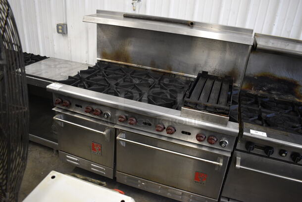 GORGEOUS! Wolf Stainless Steel Commercial Gas Powered 10 Burner Range w/ Additional Grill Piece, 2 Ovens and Overshelf. 56x33x59