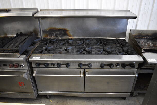 FANTASTIC! Stainless Steel Commercial Gas Powered 10 Burner Range w/ 2 Ovens and Overshelf on Commercial Casters. 60x32x57 - Image 1 of 9
