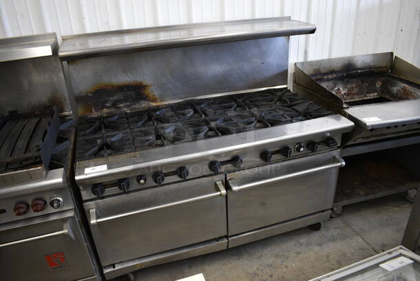 FANTASTIC! Stainless Steel Commercial Gas Powered 10 Burner Range w/ 2 Ovens and Overshelf on Commercial Casters. 60x32x57 - Image 2 of 9