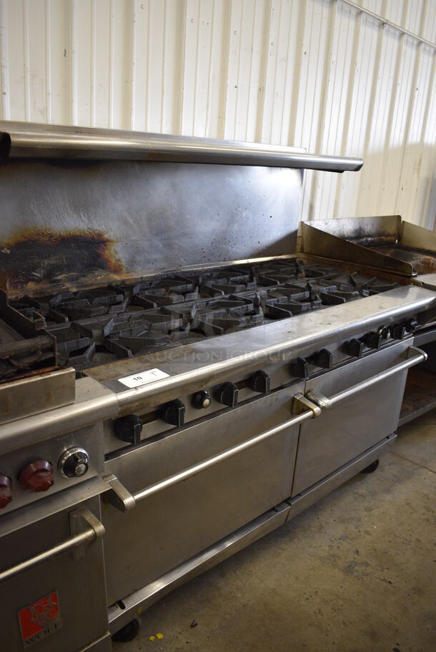 FANTASTIC! Stainless Steel Commercial Gas Powered 10 Burner Range w/ 2 Ovens and Overshelf on Commercial Casters. 60x32x57 - Image 3 of 9