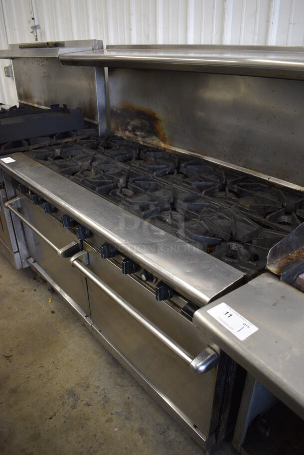 FANTASTIC! Stainless Steel Commercial Gas Powered 10 Burner Range w/ 2 Ovens and Overshelf on Commercial Casters. 60x32x57 - Image 6 of 9