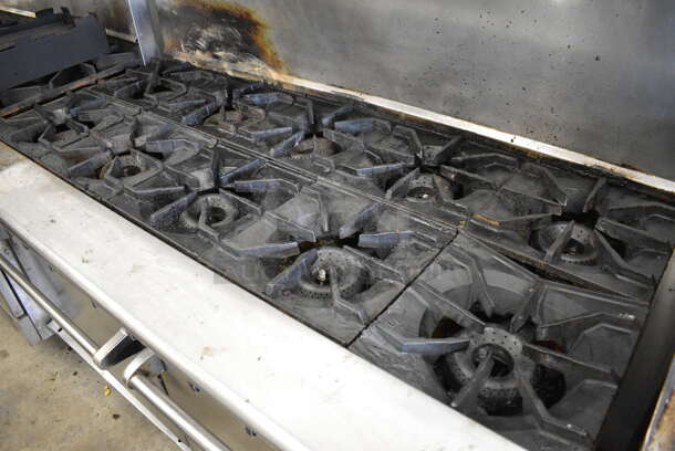 FANTASTIC! Stainless Steel Commercial Gas Powered 10 Burner Range w/ 2 Ovens and Overshelf on Commercial Casters. 60x32x57 - Image 7 of 9