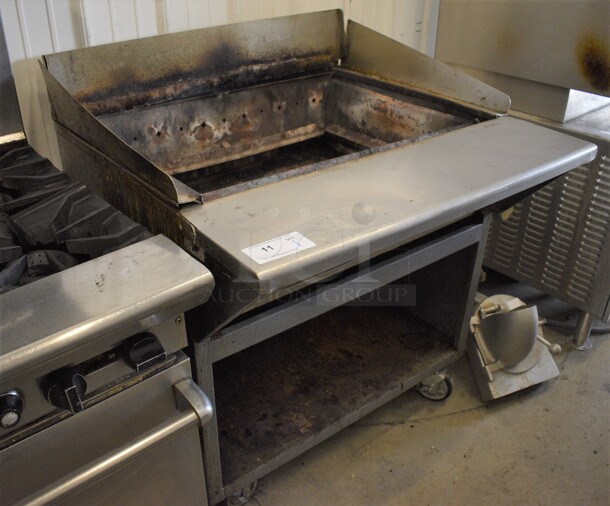 GREAT! Rankin-Delux Model TB-836 Stainless Steel Commercial Natural Gas Powered Charbroiler Grill on Commercial Casters. Missing Grates. 14,500 BTU. 36x36x45