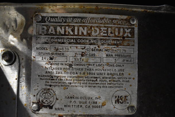 GREAT! Rankin-Delux Model TB-836 Stainless Steel Commercial Natural Gas Powered Charbroiler Grill on Commercial Casters. Missing Grates. 14,500 BTU. 36x36x45 - Image 6 of 6