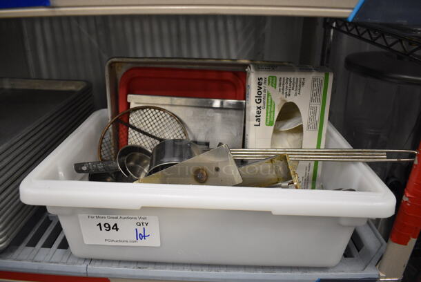 ALL ONE MONEY! Lot of Various Items Including Skimmer, Gloves and Metal Measuring Cups in White Bin! - Image 1 of 3