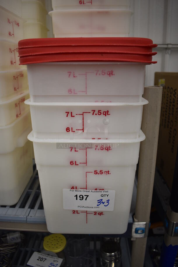 3 Poly 7.5 Quart Containers w/ 3 Red Lids. 9x9x9. 3 Times Your Bid!