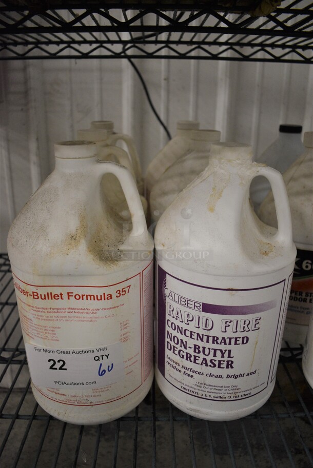 6 Various Jugs of Cleaner; Caliber Bullet Formula 357, Caliber Rapid Fire Concentrated Non Butyl Degreaser, Quaternary Bathroom Cleaner, Caliber Bullet Formula 44, Caliber Super Buff and Fabpro Heavy Duty Soil Remover. 6x6x12. 6 Times Your Bid!