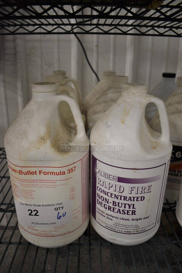 6 Various Jugs of Cleaner; Caliber Bullet Formula 357, Caliber Rapid Fire Concentrated Non Butyl Degreaser, Quaternary Bathroom Cleaner, Caliber Bullet Formula 44, Caliber Super Buff and Fabpro Heavy Duty Soil Remover. 6x6x12. 6 Times Your Bid! - Image 1 of 7