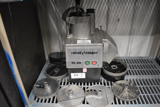 FANTASTIC! Robot Coupe Model CL 50 Series E Metal Commercial Countertop Food Processor w/ 6 Blades and 2 Covers. 120 Volts, 1 Phase. 15x13x23. Tested and Working!
