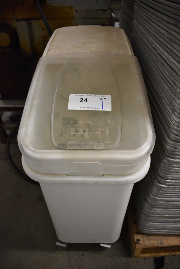 Baker's Mark White Poly Ingredient Bin w/ Clear Lid on Commercial Casters. 12x29x29 - Image 1 of 4
