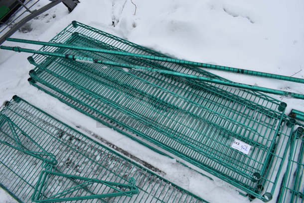 ALL ONE MONEY! Lot of 4 Green Finish Metro Shelves w/ 2 Poles! 60x18x1.5, 87" - Image 1 of 2