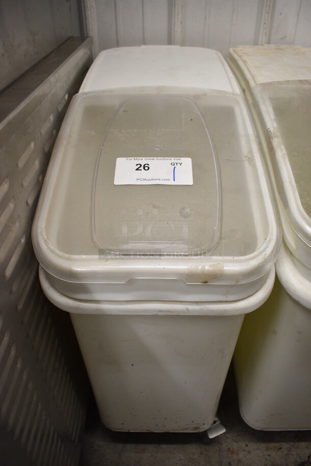 Baker's Mark White Poly Ingredient Bin w/ Clear Lid on Commercial Casters. 12x29x29 - Image 1 of 4
