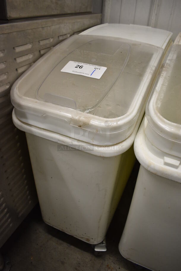 Baker's Mark White Poly Ingredient Bin w/ Clear Lid on Commercial Casters. 12x29x29 - Image 2 of 4