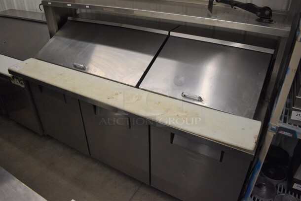 GREAT! 2016 True Model TSSU-72-30M-B-ST Stainless Steel Commercial Sandwich Salad Prep Table Bain Marie Mega Top w/ Cutting Board and 2 Tier Overshelf on Commercial Casters. 115 Volts, 1 Phase. 72x34x68. Tested and Working! - Image 4 of 11