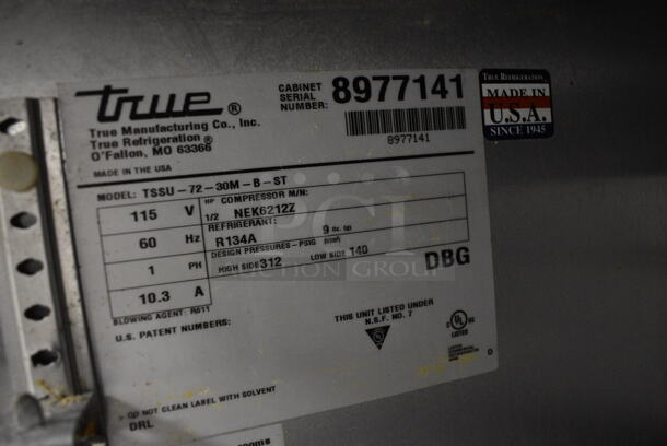 GREAT! 2016 True Model TSSU-72-30M-B-ST Stainless Steel Commercial Sandwich Salad Prep Table Bain Marie Mega Top w/ Cutting Board and 2 Tier Overshelf on Commercial Casters. 115 Volts, 1 Phase. 72x34x68. Tested and Working! - Image 8 of 11