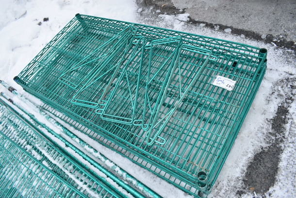 ALL ONE MONEY! Lot of 4 Green Finish Metro Shelves w/ 5 Brackets! 48x24x1.5, 19x8x1 - Image 2 of 3