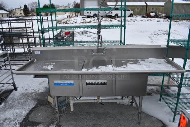 Stainless Steel Commercial 3 Bay Sink w/ Dual Drainboards, Faucet, Handles, Spray Nozzle and 3 Sink Bay Covers. 93x30x44. Bays 18x25x13. Drainboards 18x26x2