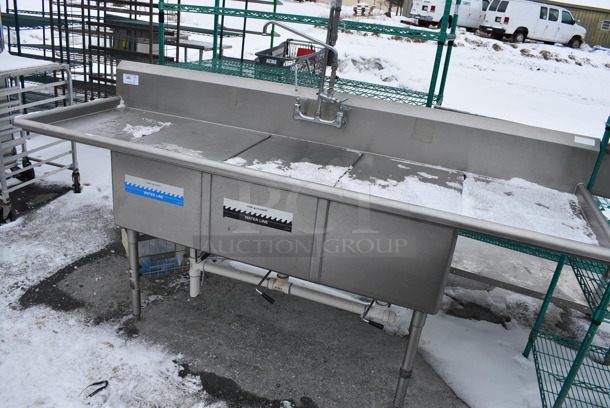 Stainless Steel Commercial 3 Bay Sink w/ Dual Drainboards, Faucet, Handles, Spray Nozzle and 3 Sink Bay Covers. 93x30x44. Bays 18x25x13. Drainboards 18x26x2 - Image 2 of 7