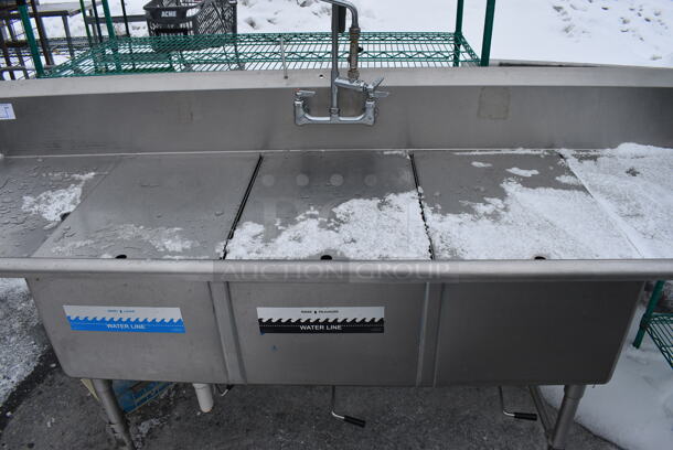 Stainless Steel Commercial 3 Bay Sink w/ Dual Drainboards, Faucet, Handles, Spray Nozzle and 3 Sink Bay Covers. 93x30x44. Bays 18x25x13. Drainboards 18x26x2 - Image 4 of 7
