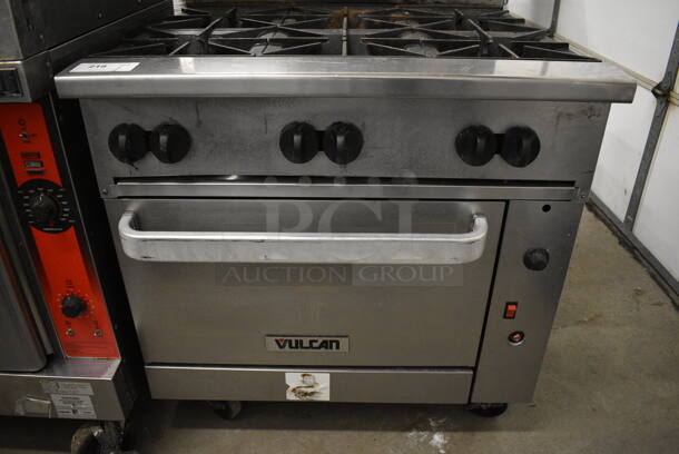 AWESOME! Vulcan Stainless Steel Commercial Floor Style Gas Powered 6 Burner Range w/ Oven and Backsplash on Commercial Casters. 36x34x48 - Image 3 of 8