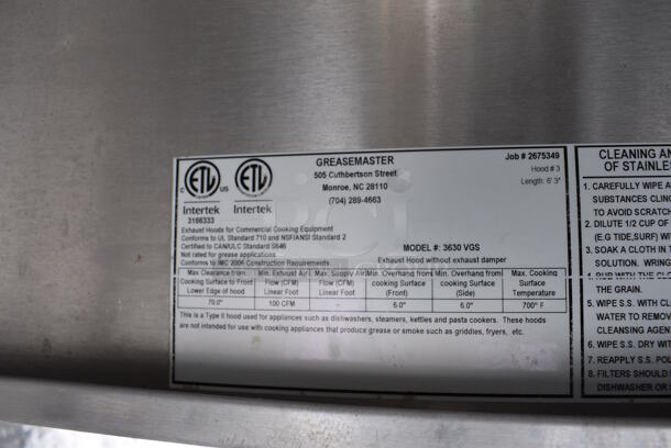 FANTASTIC! 6' Greasemaster Model 3630 VGS Stainless Steel Commercial Steam Hood. 75x36x39 - Image 5 of 6