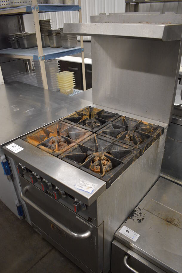 WOW! CPG Model S24-N Stainless Steel Commercial Natural Gas Powered 4 Burner Range w/ Oven and Overshelf. 150,000 BTU. 24x33x59