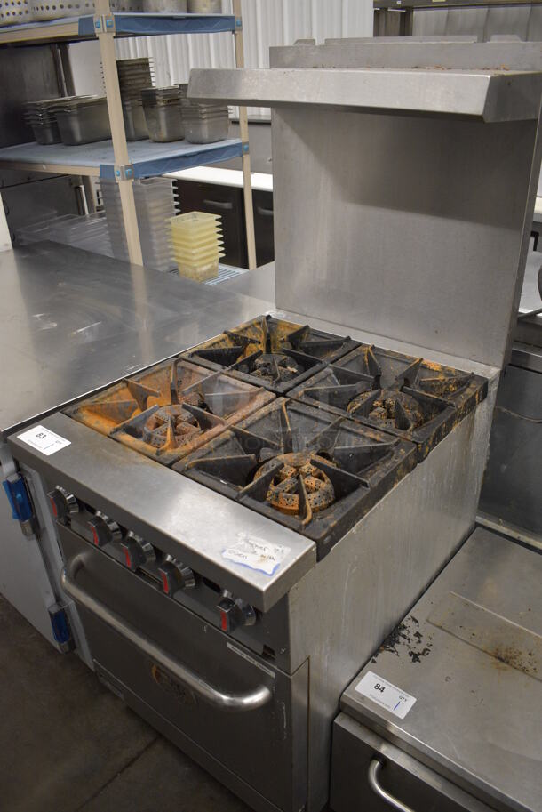 WOW! CPG Model S24-N Stainless Steel Commercial Natural Gas Powered 4 Burner Range w/ Oven and Overshelf. 150,000 BTU. 24x33x59 - Image 1 of 8