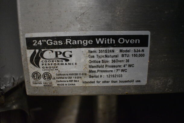 WOW! CPG Model S24-N Stainless Steel Commercial Natural Gas Powered 4 Burner Range w/ Oven and Overshelf. 150,000 BTU. 24x33x59 - Image 7 of 8