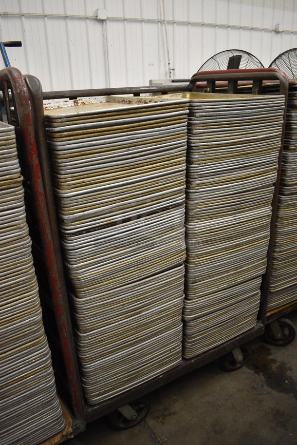 200 Metal Full Size Baking Pans w/ Metal Commercial Cart on Commercial Casters. 18x26x1, Cart: 40x26x61. 200 Times Your Bid!