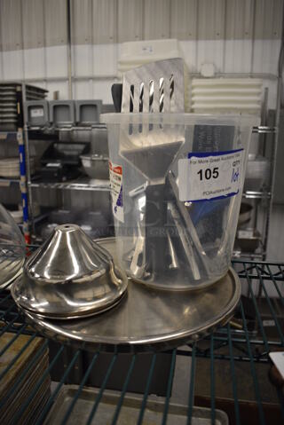 ALL ONE MONEY! Lot of Various Utensils In Clear Poly Bucket and Pieces to Cake Stand!