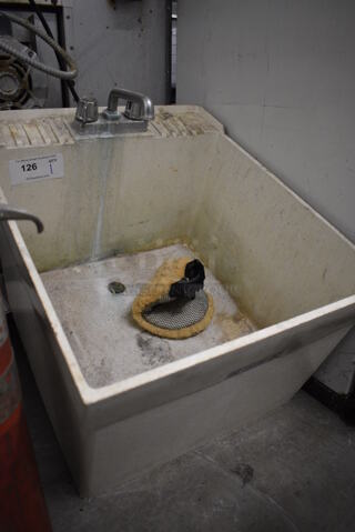 White Poly Single Bay Sink w/ Faucet and Handles. 20x24x22