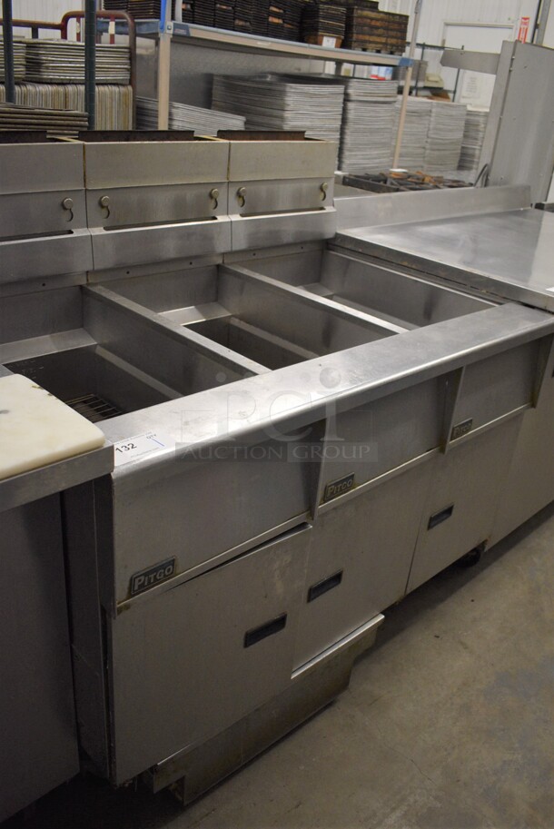 BEAUTIFUL! 2016 Pitco Frialator Model SG14 Stainless Steel Commercial Floor Style Natural Gas Powered 3 Bay Deep Fat Fryer w/ Filtration System on Commercial Casters. 47x34x48
