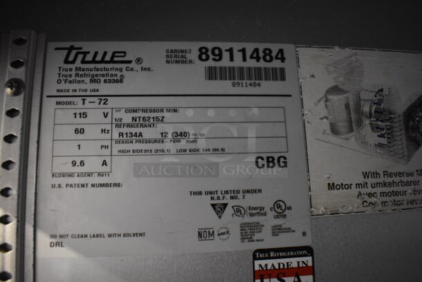 GREAT! 2016 True Model T-72 Stainless Steel Commercial 3 Door Reach In Cooler w/ Poly Coated Racks on Commercial Casters. 115 Volts, 1 Phase. 78x30x83. Tested and Working! - Image 7 of 7