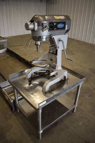 SWEET! 2015 General Model GEM120 Metal Commercial 12 Quart Planetary Mixer w/ Bowl Guard Mounted to Stainless Steel Equipment Stand. 110 Volts, 1 Phase. Mixer: 16x23x30, Stand: 25x30x26.5. Tested and Working!