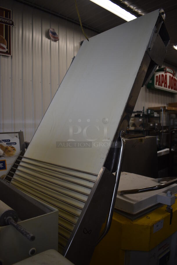 BEAUTIFUL! LATE MODEL! Rondo Stainless Steel Commercial Floor Style Reversible Dough Sheeter w/ Cutting Station. 250 Volts, 3 Phase. 117x42x56. Closed: 77x42x82 - Image 5 of 12