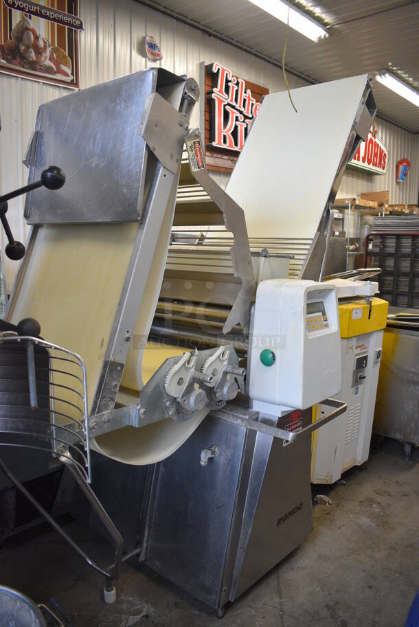 BEAUTIFUL! LATE MODEL! Rondo Stainless Steel Commercial Floor Style Reversible Dough Sheeter w/ Cutting Station. 250 Volts, 3 Phase. 117x42x56. Closed: 77x42x82 - Image 8 of 12