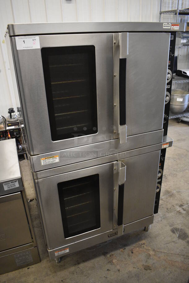 2 GORGEOUS! Hobart Model HEC40 Stainless Steel Commercial Electric Powered Full Size Convection Ovens w/ View Through Door, Solid Door, Metal Oven Racks and Thermostatic Controls. 480 Volts, 3 Phase. 38x40x66. 2 Times Your Bid!